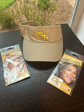 Unisex Tan Visor with GT Georgia Tech Logo & 2 packages of Game Face Tattoos